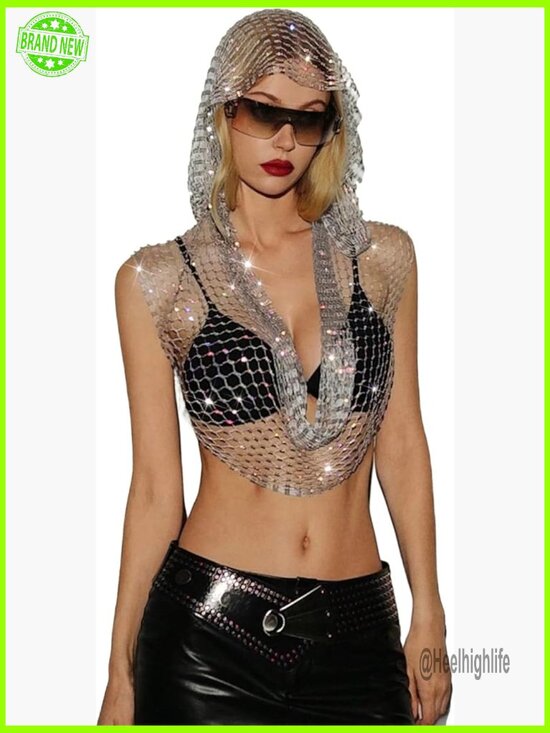 Tops - Sexy Rhinestone Mesh Crop Top for Rave Festival Clubwear